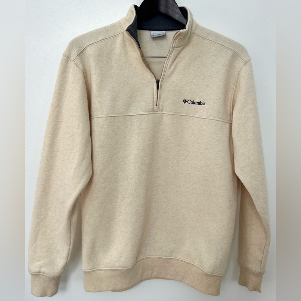 Columbia 1/4 Zip Pullover Men’s Small Cream Oatmeal Fleece Sweatshirt Minimal